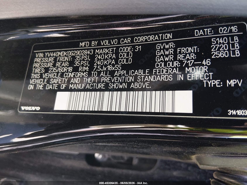 2016 Volvo Xc60 VIN YV440MDK0G2902843 IAAI salvage auction — LEFT SIDE, Salvage Title, sold $1,950 on 2026-07-15 (photo 9)
