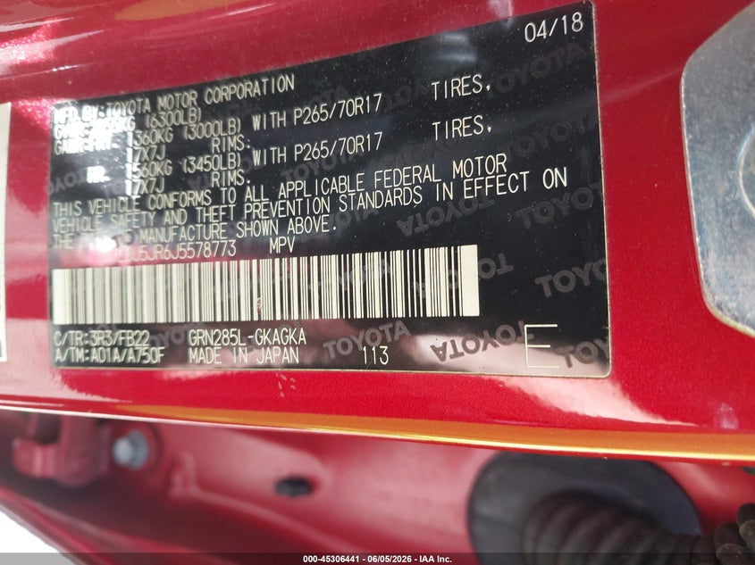 2018 Toyota 4runner VIN JTEBU5JR6J5578773 IAAI salvage auction — FRONT END, Salvage Title, sold $7,300 on 2026-07-14 (photo 9)