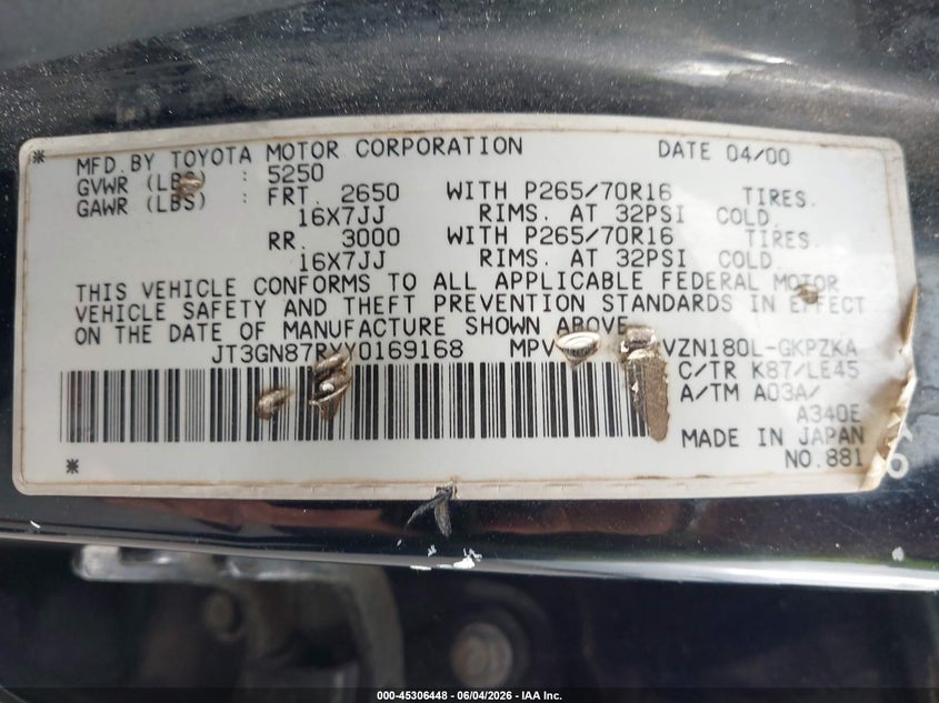 2000 Toyota 4runner VIN JT3GN87RXY0169168 IAAI salvage auction — NORMAL WEAR, Clear (Florida), sold $1,050 on 2026-07-13 (photo 9)