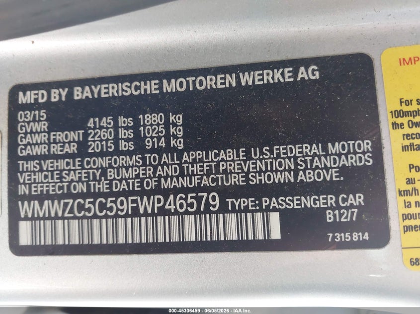 2015 Mini Countryman VIN WMWZC5C59FWP46579 IAAI salvage auction — FRONT END, Salvage Title, sold $1,400 on 2026-07-08 (photo 9)