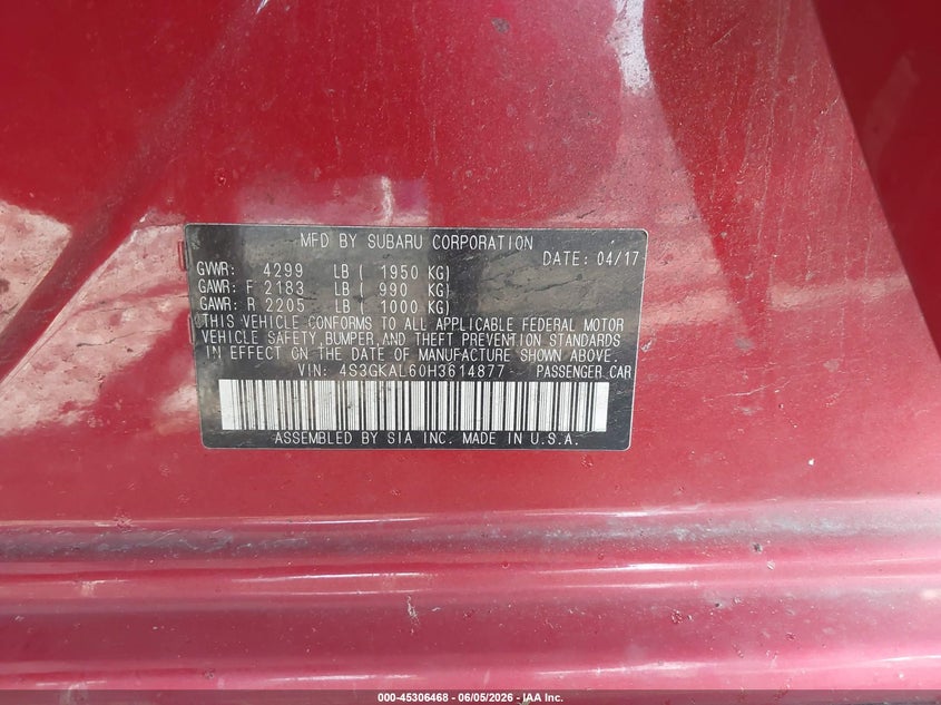 2017 Subaru Impreza VIN 4S3GKAL60H3614877 IAAI salvage auction — FRONT END, Salvage Title, sold $1,250 on 2026-07-21 (photo 9)