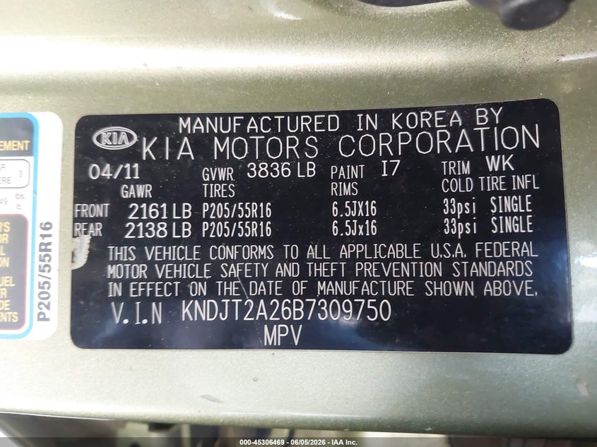 2011 Kia Soul VIN KNDJT2A26B7309750 IAAI salvage auction — LEFT FRONT, Salvage (California), sold $925 on 2026-07-16 (photo 9)