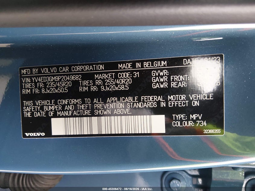 2023 Volvo C40 VIN YV4ED3GM9P2049682 IAAI salvage auction — FRONT END, Salvage Title, sold $6,500 on 2026-09-04 (photo 9)