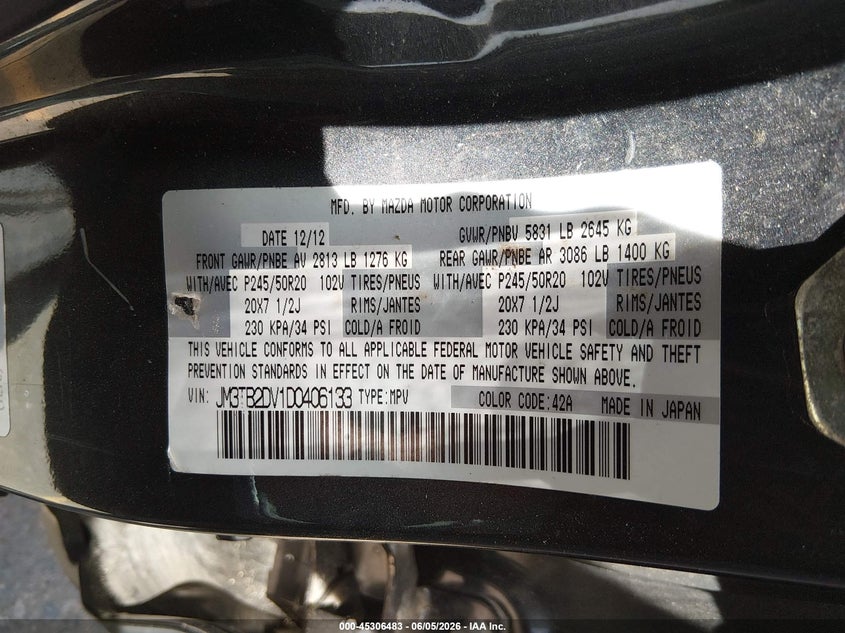 2013 Mazda Cx-9 VIN JM3TB2DV1D0406133 IAAI salvage auction — UNDERCARRIAGE, Salvage (Colorado), sold $1,275 on 2026-08-29 (photo 9)