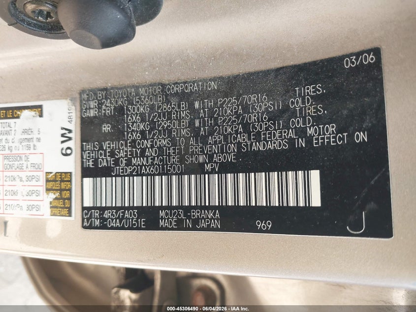 2006 Toyota Highlander VIN JTEDP21AX60115001 IAAI salvage auction — NORMAL WEAR, Clear (Indiana), sold $1,375 on 2026-07-15 (photo 9)