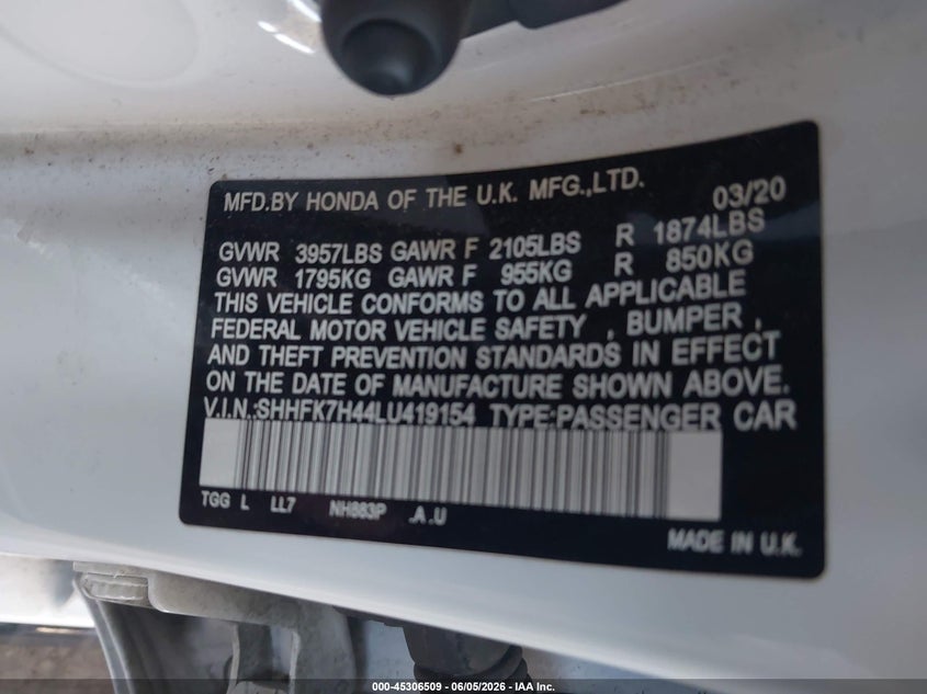 2020 Honda Civic VIN SHHFK7H44LU419154 IAAI salvage auction — RIGHT REAR, Salvage Title, sold $3,200 on 2026-07-21 (photo 9)