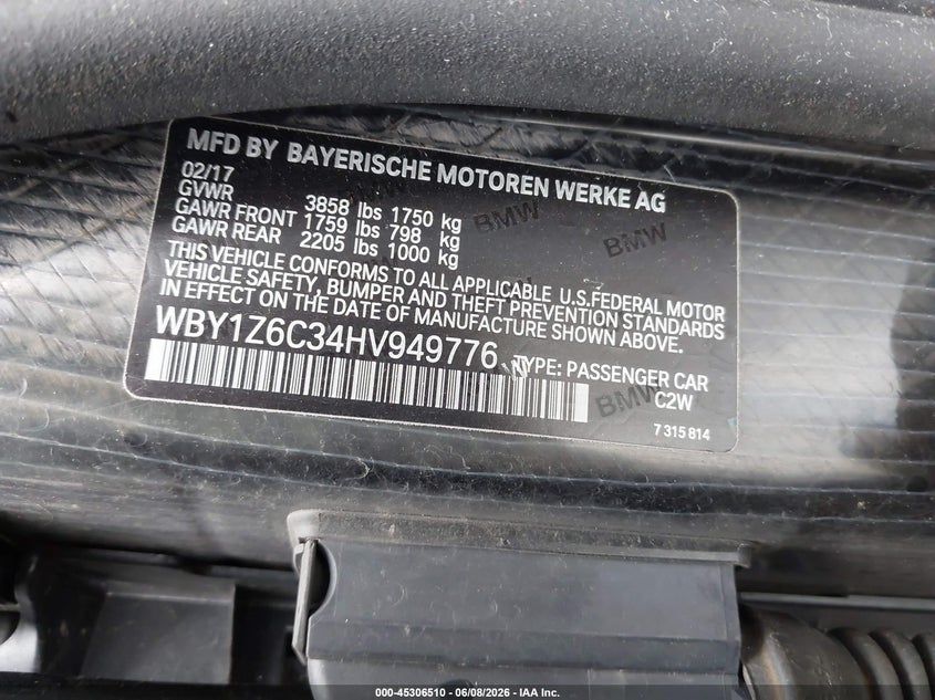 2017 BMW I3 VIN WBY1Z6C34HV949776 IAAI salvage auction — FRONT END, Salvage Title, sold $2,800 on 2026-07-08 (photo 9)
