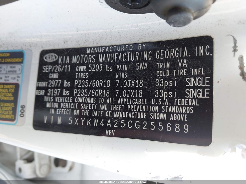2012 Kia Sorento VIN 5XYKW4A25CG255689 IAAI salvage auction — LEFT & RIGHT, Salvage Title, sold $525 on 2026-07-24 (photo 9)