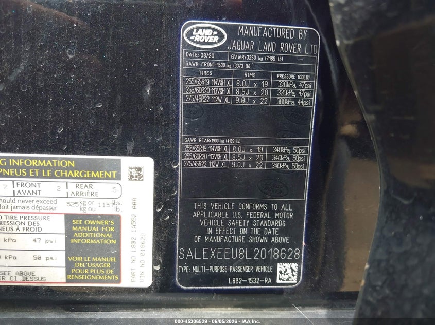 2020 Land rover Defender VIN SALEXEEU8L2018628 IAAI salvage auction — FRONT END, Salvage Title, sold $13,100 on 2026-08-25 (photo 9)