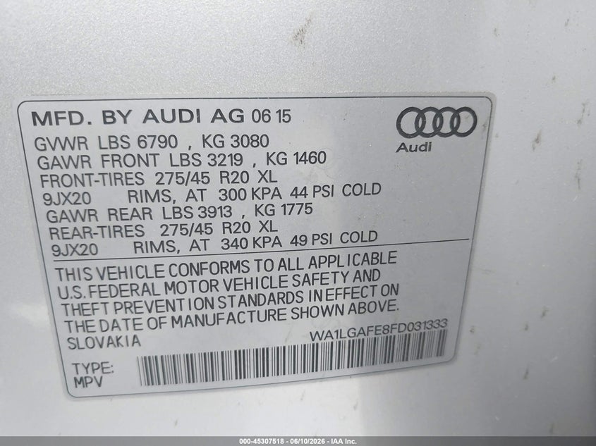 2015 Audi Q7 VIN WA1LGAFE8FD031333 IAAI salvage auction — FRONT END, Salvage (Idaho), sold $1,375 on 2026-07-28 (photo 9)