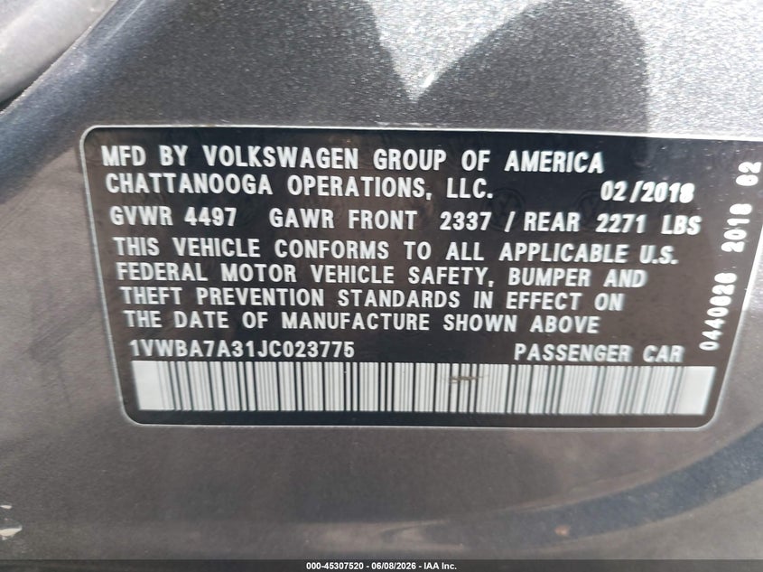 2018 Volkswagen Passat VIN 1VWBA7A31JC023775 IAAI salvage auction — FRONT END, Wait Title, sold $125 on 2026-09-02 (photo 9)