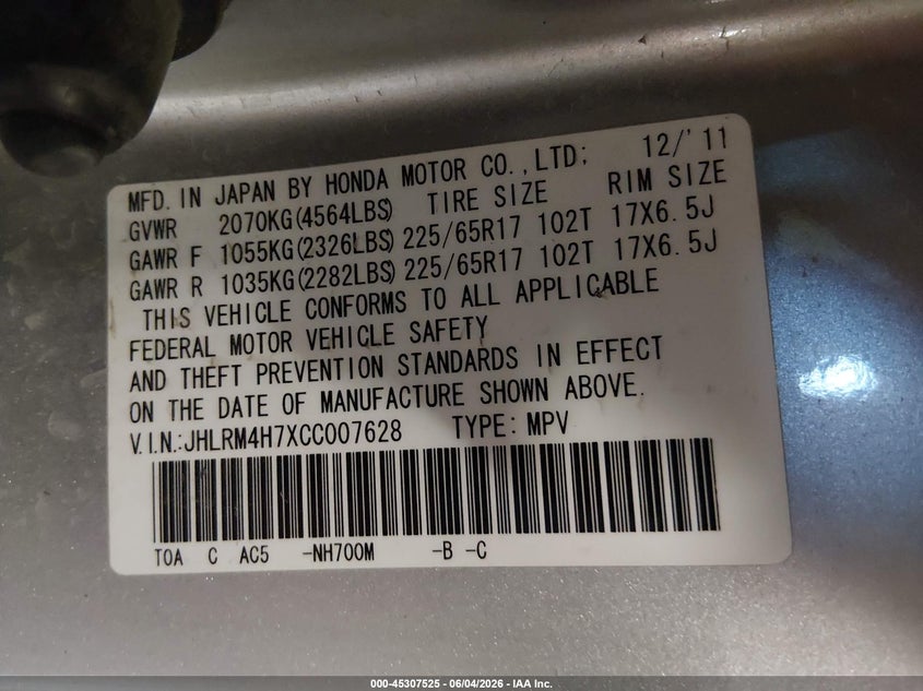 2012 Honda Cr-v VIN JHLRM4H7XCC007628 IAAI salvage auction — FRONT & REAR, Salvage Title, sold $2,400 on 2026-07-16 (photo 9)