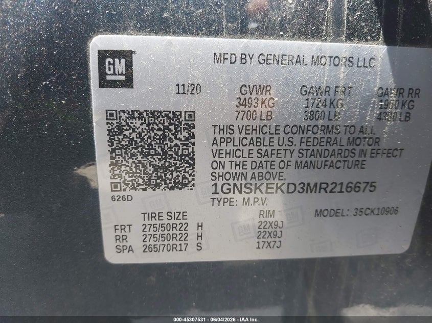 2021 Chevrolet Suburban VIN 1GNSKEKD3MR216675 IAAI salvage auction — REAR END, Salvage (Rhode Island), sold $10,200 on 2026-07-28 (photo 9)