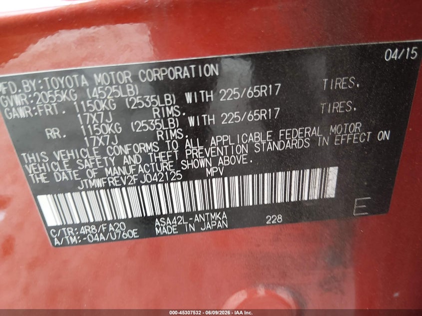 2015 Toyota Rav 4 VIN JTMWFREV2FJ042125 IAAI salvage auction — FRONT END, Salvage Title, sold $3,950 on 2026-07-16 (photo 9)