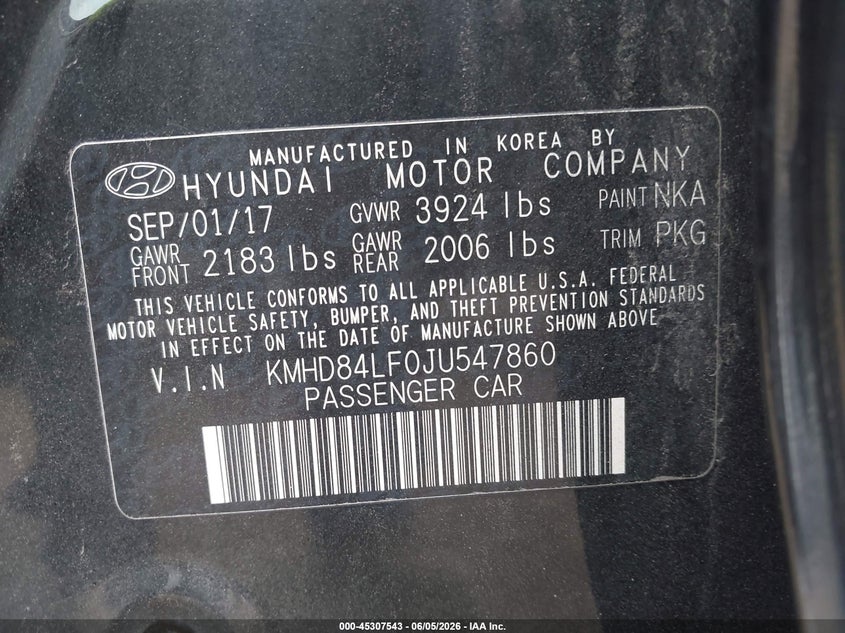 2018 Hyundai Elantra VIN KMHD84LF0JU547860 IAAI salvage auction — FRONT END, Salvage Title, sold $1,000 on 2026-07-14 (photo 9)
