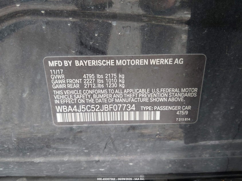 2018 BMW 4er VIN WBA4J5C52JBF07734 IAAI salvage auction — SIDE, Salvage Title, sold $9,600 on 2026-08-13 (photo 9)