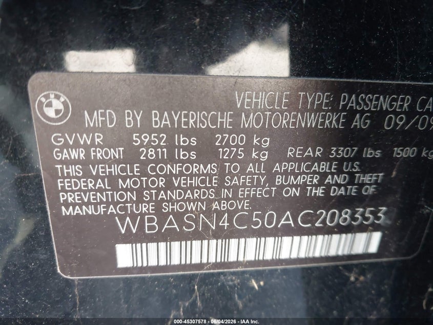 2010 BMW 5 series VIN WBASN4C50AC208353 IAAI salvage auction — NORMAL WEAR, Clear (Georgia), sold $1,000 on 2026-07-08 (photo 9)