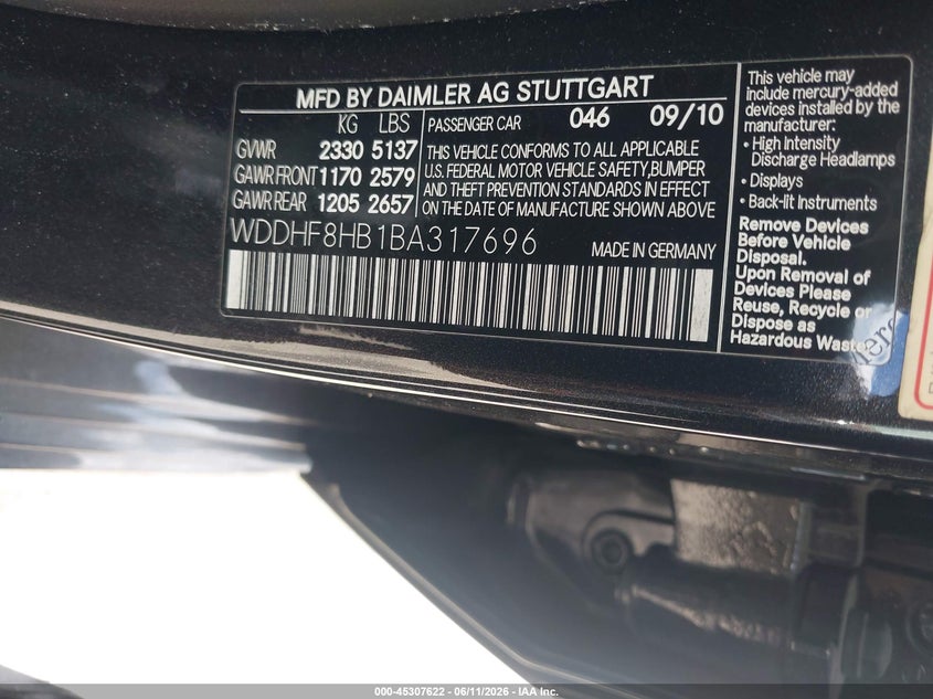 2011 Mercedes-benz E-class VIN WDDHF8HB1BA317696 IAAI salvage auction — WATER/FLOOD, Salvage (Texas), sold $1,900 on 2026-07-17 (photo 9)