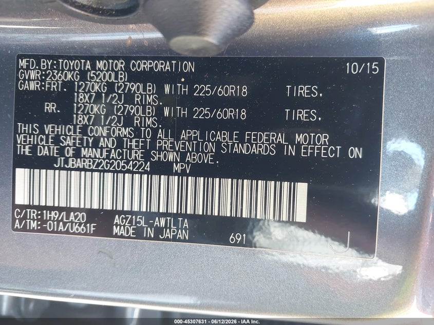 2016 Lexus Nx VIN JTJBARBZ2G2054224 IAAI salvage auction — FRONT END, Salvage - Greater Than 75% (Maryland), sold $6,100 on 2026-07-09 (photo 9)