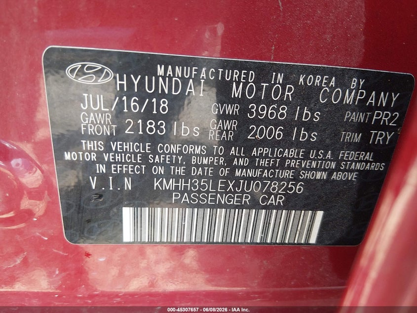 2018 Hyundai Elantra VIN KMHH35LEXJU078256 IAAI salvage auction — FRONT END, Salvage (West Virginia), sold $1,300 on 2026-07-24 (photo 9)