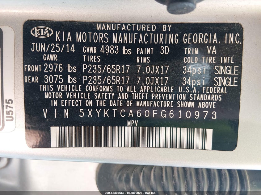 2015 Kia Sorento VIN 5XYKTCA60FG610973 IAAI salvage auction — NORMAL WEAR, Clear-Dealer Only (West Virginia), sold $525 on 2026-07-09 (photo 9)