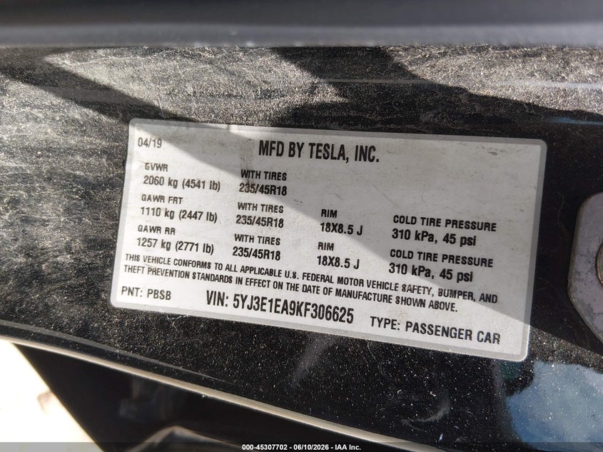 2019 Tesla Model 3 VIN 5YJ3E1EA9KF306625 IAAI salvage auction — LEFT FRONT, Salvage (Connecticut), sold $3,600 on 2026-07-23 (photo 9)