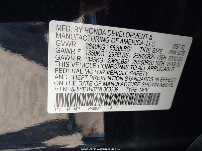 2022 Acura Mdx VIN 5J8YE1H87NL050308 IAAI salvage auction — REAR END, Salvage Title, sold $5,600 on 2026-07-09 (photo 9)