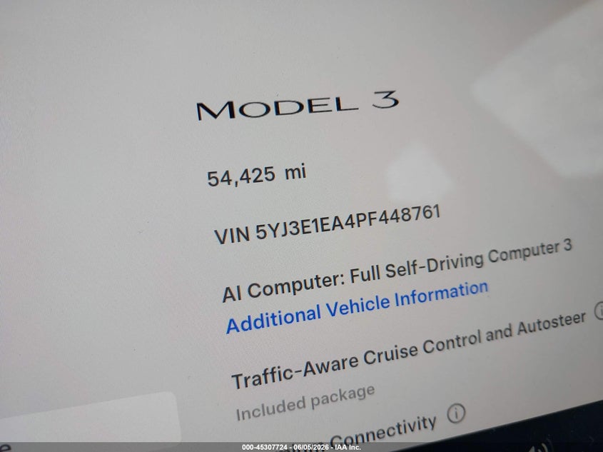 2023 Tesla Model 3 VIN 5YJ3E1EA4PF448761 IAAI salvage auction — RIGHT SIDE, Salvage Title, sold $25 on 2026-07-30 (photo 7)