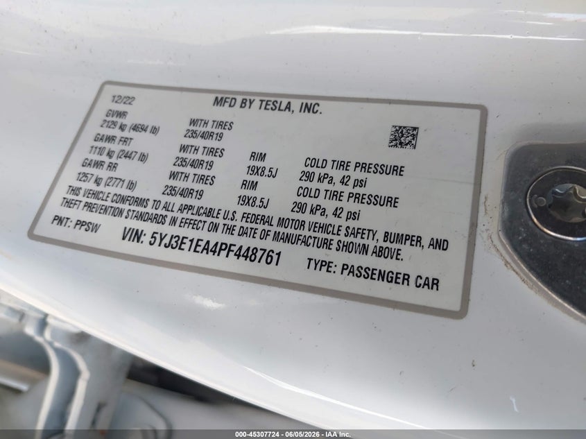 2023 Tesla Model 3 VIN 5YJ3E1EA4PF448761 IAAI salvage auction — RIGHT SIDE, Salvage Title, sold $25 on 2026-07-30 (photo 9)