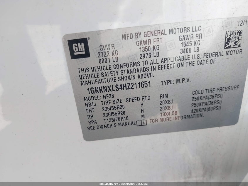 2017 Gmc Acadia VIN 1GKKNXLS4HZ211651 IAAI salvage auction — FRONT END, Salvage Title, sold $2,950 on 2026-07-11 (photo 9)