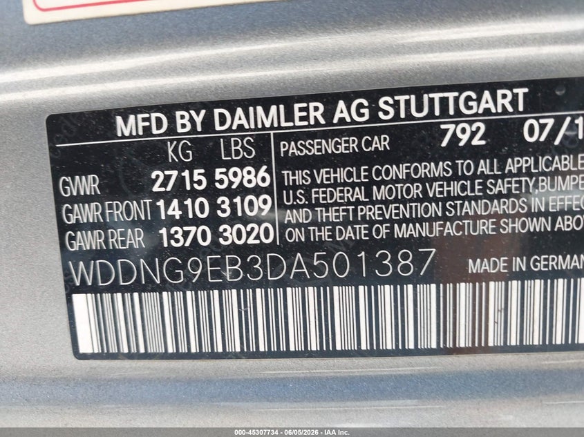 2013 Mercedes-benz S-klasse VIN WDDNG9EB3DA501387 IAAI salvage auction — RIGHT FRONT, Salvage Title, sold $1,550 on 2026-07-22 (photo 9)
