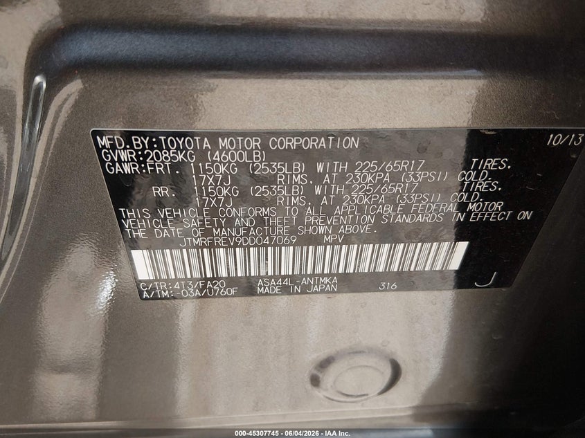 2013 Toyota Rav 4 VIN JTMRFREV9DD047069 IAAI salvage auction — RIGHT FRONT, Salvage Title, sold $4,300 on 2026-07-22 (photo 9)