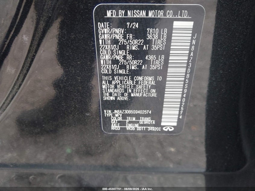 2025 Infiniti Qx80 VIN JN8AZ3DB5S9402574 IAAI salvage auction — SIDE, Wait Title, sold $33,250 on 2026-09-27 (photo 9)