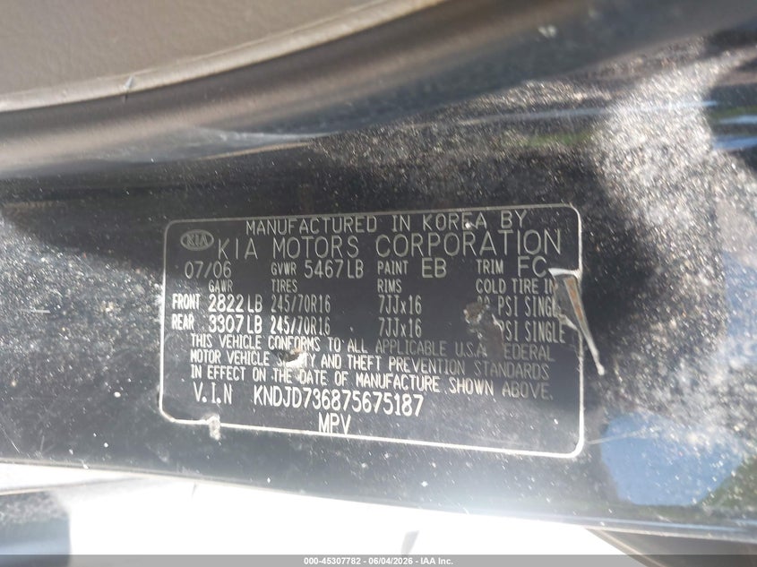 2007 Kia Sorento VIN KNDJD736875675187 IAAI salvage auction — NORMAL WEAR, Salvage (North Carolina), sold $425 on 2026-07-06 (photo 9)