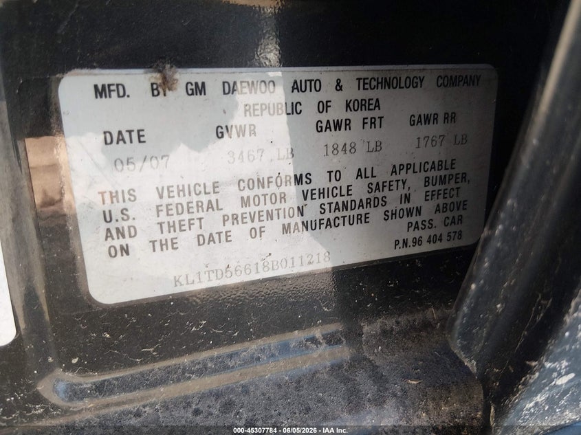 2008 Chevrolet Aveo VIN KL1TD56618B011218 IAAI salvage auction — UNKNOWN, Clear (Maryland), sold $275 on 2026-07-09 (photo 9)
