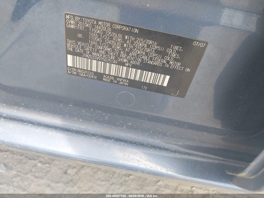 2007 Toyota Rav4 VIN JTMZD33V975075149 IAAI salvage auction — FRONT END, Salvage (Georgia), sold $1,000 on 2026-07-28 (photo 9)