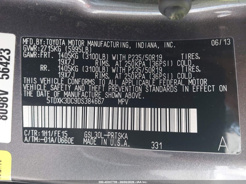 2013 Toyota Sienna VIN 5TDXK3DC9DS384667 IAAI salvage auction — FRONT END, Salvage Title, sold $3,700 on 2026-07-14 (photo 9)