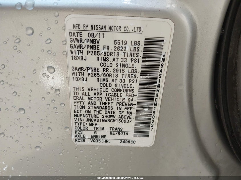 2012 Infiniti Fx VIN JN8AS1MW8CM150037 IAAI salvage auction — FRONT END, Salvage Title, sold $675 on 2026-07-22 (photo 9)