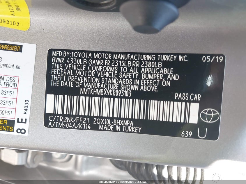 2019 Toyota C-hr VIN NMTKHMBX9KR093103 IAAI salvage auction — SIDE, Salvage Title, sold $5,200 on 2026-07-22 (photo 9)
