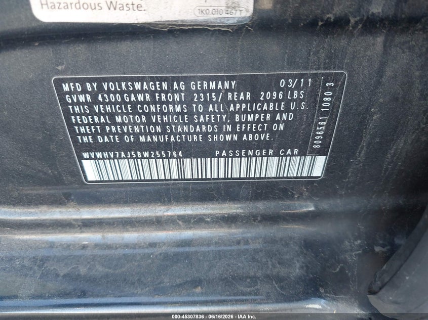 2011 Volkswagen Gti VIN WVWHV7AJ5BW255764 IAAI salvage auction — LEFT FRONT, Clear (Virginia), sold $1,500 on 2026-07-28 (photo 9)