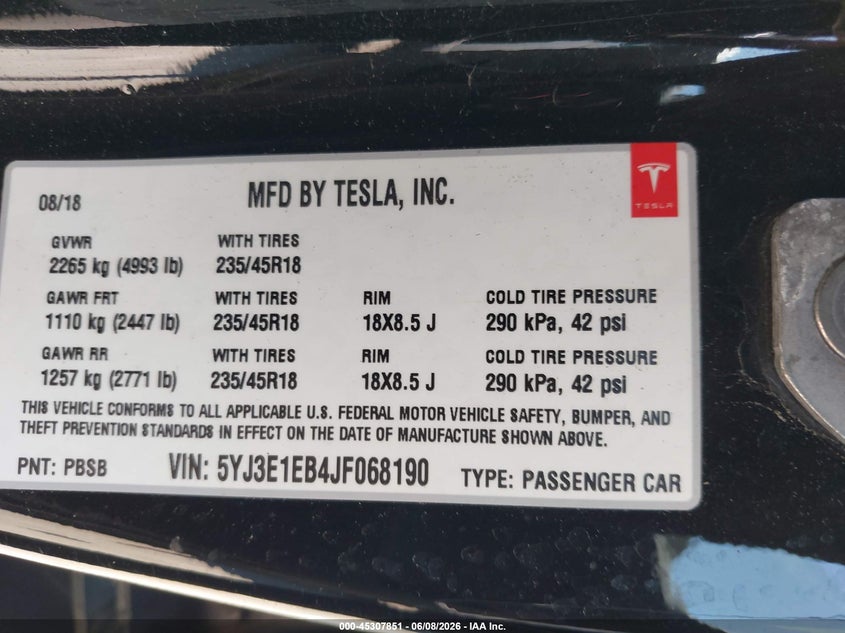 2018 Tesla Model 3 VIN 5YJ3E1EB4JF068190 IAAI salvage auction — LEFT REAR, Salvage Title, sold $6,500 on 2026-07-07 (photo 9)