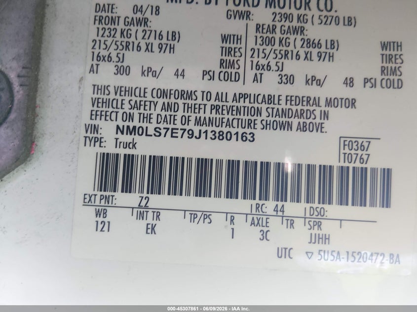 2018 Ford Transit VIN NM0LS7E79J1380163 IAAI salvage auction — LEFT FRONT, Salvage Title, sold $2,175 on 2026-07-08 (photo 9)