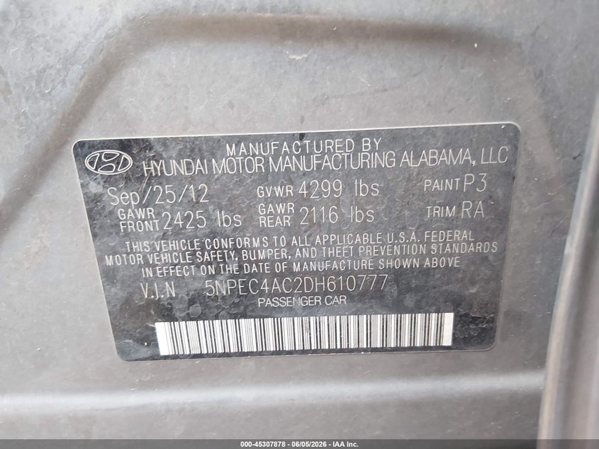 2013 Hyundai Sonata VIN 5NPEC4AC2DH610777 IAAI salvage auction — FRONT END, Original (Texas), sold $25 on 2026-07-22 (photo 9)