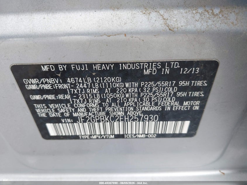 2014 Subaru Xv VIN JF2GPBKC2EH257930 IAAI salvage auction — LEFT REAR, Salvage Title, sold $1,525 on 2026-07-21 (photo 9)