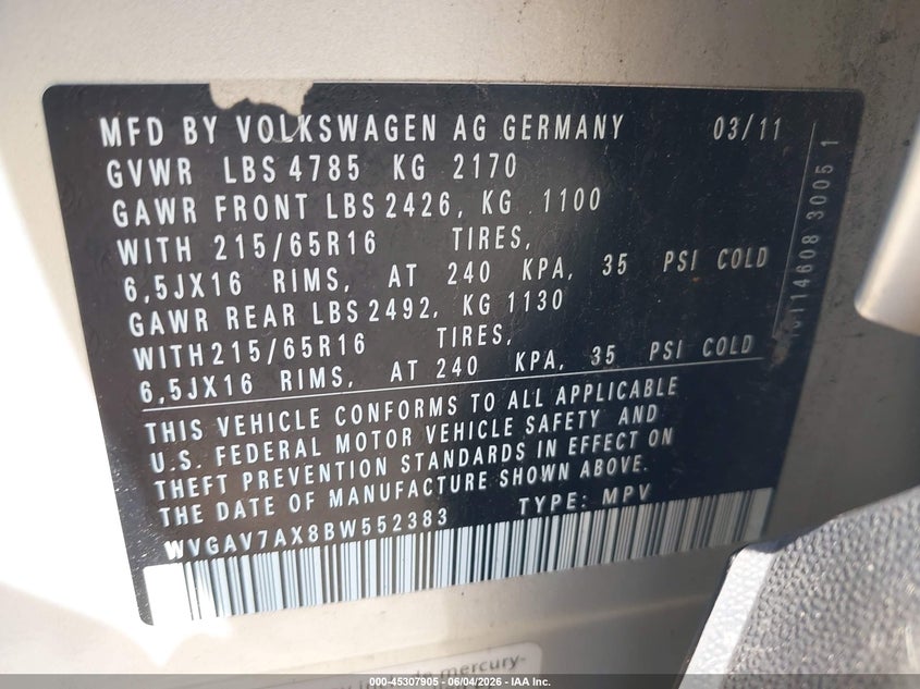 2011 Volkswagen Tiguan VIN WVGAV7AX8BW552383 IAAI salvage auction — NORMAL WEAR, Clear (New York), sold $450 on 2026-07-07 (photo 9)