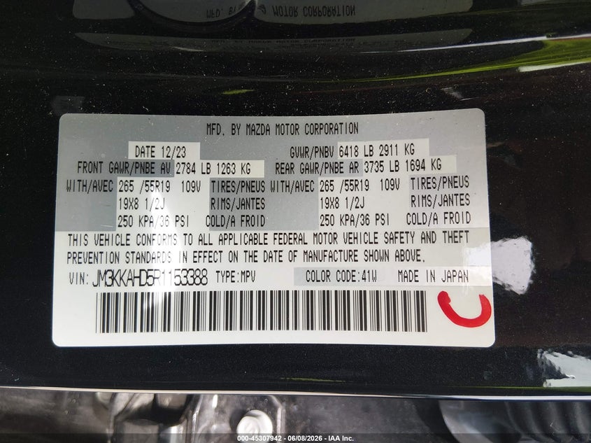 2024 Mazda Cx-90 VIN JM3KKAHD5R1153388 IAAI salvage auction — FRONT END, Salvage (Texas), sold $10,000 on 2026-08-01 (photo 9)