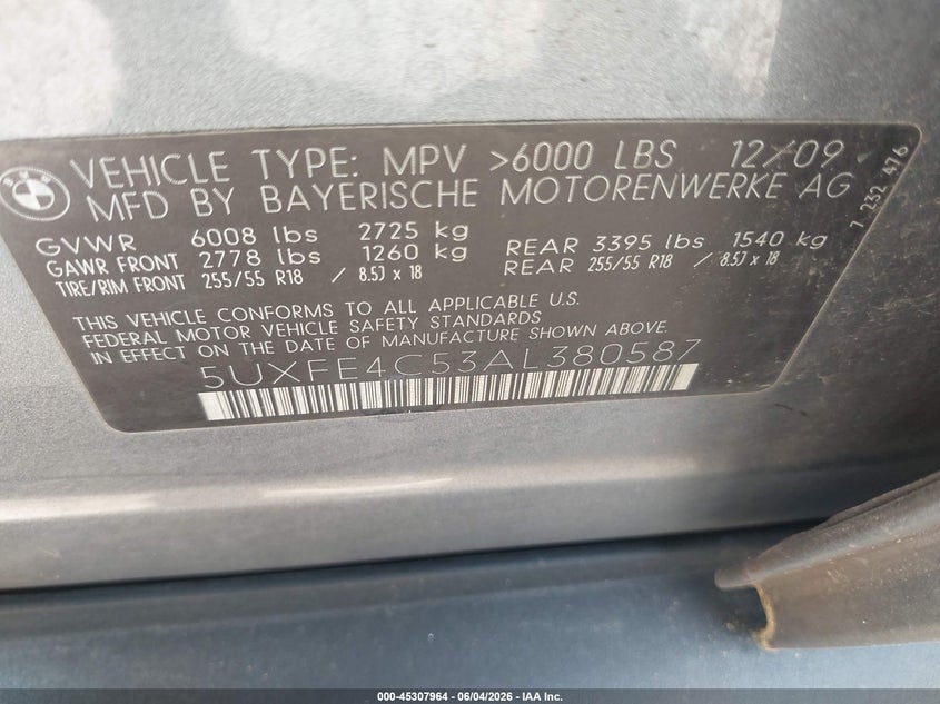 2010 BMW X5 VIN 5UXFE4C53AL380587 IAAI salvage auction — NORMAL WEAR, Clear (Indiana), sold $500 on 2026-07-15 (photo 9)