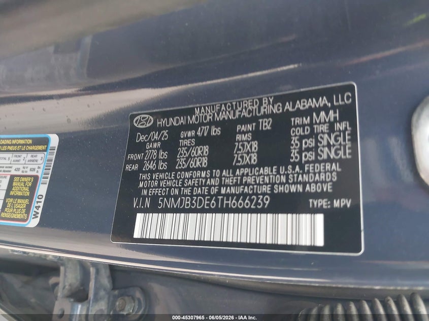2026 Hyundai Tucson VIN 5NMJB3DE6TH666239 IAAI salvage auction — FRONT END, Original (Texas), sold $9,000 on 2026-08-25 (photo 9)
