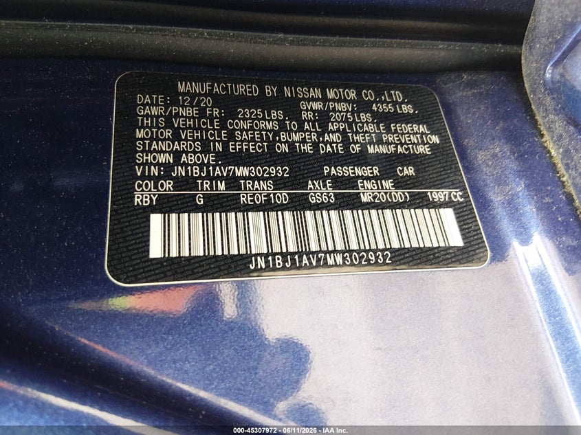 2021 Nissan Rogue VIN JN1BJ1AV7MW302932 IAAI salvage auction — FRONT & REAR, Salvage (New Jersey), sold $3,625 on 2026-07-27 (photo 9)