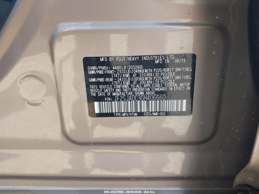 2016 Subaru Forester VIN JF2SJADC3GH406660 IAAI salvage auction — LEFT FRONT, Salvage Title, sold $1,425 on 2026-07-15 (photo 9)